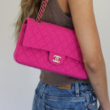 Chanel Fuchsia Pink Tweed Medium Classic Flap with Light Gold Hardware
