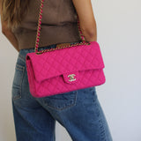 Chanel Fuchsia Pink Tweed Medium Classic Flap with Light Gold Hardware