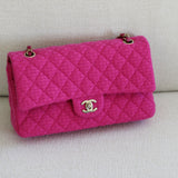 Chanel Fuchsia Pink Tweed Medium Classic Flap with Light Gold Hardware