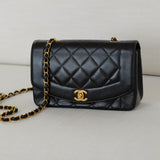 Vintage Chanel Black Lambskin Small Diana with 24k Gold Hardware