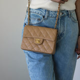 Vintage Chanel Dark Beige Caviar Mini Square with 24k Gold Hardware