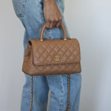 Chanel Dark Beige Caviar Small Coco Top Handle with Aged Gold Hardware