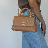 Chanel Dark Beige Caviar Small Coco Top Handle with Aged Gold Hardware