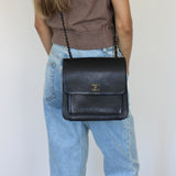 Vintage Chanel Black Calfskin Shoulder Flap Aged Bronze Hardware