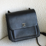 Vintage Chanel Black Calfskin Shoulder Flap Aged Bronze Hardware