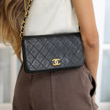 Vintage Chanel Black Lambskin Mini Full Flap Wallet on Chain with 24k Gold Hardware