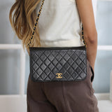 Vintage Chanel Black Lambskin Full Flap Wallet on Chain with 24k Gold Hardware
