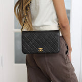 Vintage Chanel Black Lambskin Full Flap Wallet on Chain with 24k Gold Hardware