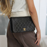 Vintage Chanel Black Lambskin Full Flap Wallet on Chain with 24k Gold Hardware