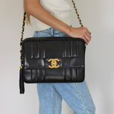 Vintage Chanel Black Lambskin Vertical Camera Bag with 24k Gold Hardware