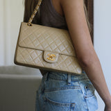 Vintage Chanel Beige Lambskin Medium Classic Flap with 24k Gold Hardware