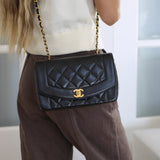 Vintage Chanel Black Lambskin Small Diana with 24k Gold Hardware