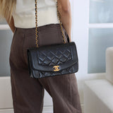 Vintage Chanel Black Lambskin Small Diana with 24k Gold Hardware
