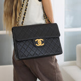 Vintage Black Lambskin Jumbo Single Flap with 24k Gold Hardware