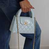 Chanel Light Blue Calfskin Nano Kelly Top Handle with Aged Gold Hardware