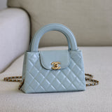 Chanel Light Blue Calfskin Nano Kelly Top Handle with Aged Gold Hardware