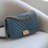 Chanel 18S Blue Caviar New Medium Boy with Light Gold Hardware