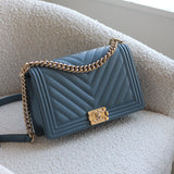 Chanel 18S Blue Caviar New Medium Boy with Light Gold Hardware