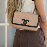 Chanel Beige & Black Caviar Small Filigree Flap with Aged Gold Hardware