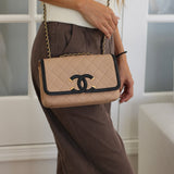 Chanel Beige & Black Caviar Small Filigree Flap with Aged Gold Hardware