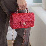 Chanel Red Lambskin Mini Top Handle with Light Gold Hardware