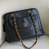Vintage Chanel Black Caviar Zipped Shopping Tote with 24k Gold Hardware
