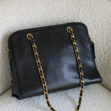 Vintage Chanel Black Caviar Zipped Shopping Tote with 24k Gold Hardware