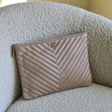 Chanel Rose Gold Chevron Caviar Medium O Case with Silver Hardware