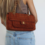 Vintage Chanel Caramel Brown Suede Chocolate Flap with Aged Gold Hardware