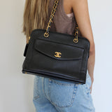 Vintage Chanel Black Caviar Zipped Shopping Tote with 24k Gold Hardware