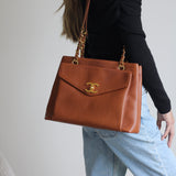 Vintage Chanel Caramel Brown Caviar Zipped Shopping Tote with 24k Gold Hardware