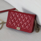 Chanel Red Caviar Boy Wallet on Chain with Light Gold Hardware