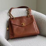 Vintage Chanel Caramel Brown Caviar Zipped Shopping Tote with 24k Gold Hardware