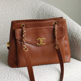 Vintage Chanel Caramel Brown Caviar Zipped Shopping Tote with 24k Gold Hardware