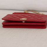 Chanel Red Caviar Boy Wallet on Chain with Light Gold Hardware