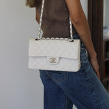 Chanel White Caviar Small Classic Flap with Silver Hardware