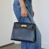 Vintage Hermès Black Box Calf Kelly 28 Gold Hardware