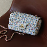 Chanel Pink/Blue Tweed Mini Rectangle with Light Gold Hardware