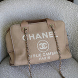 Chanel Beige Canvas Deauville Bowling Bag with Silver Hardware