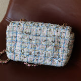 Chanel Pink/Blue Tweed Mini Rectangle with Light Gold Hardware