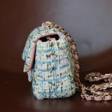 Chanel Pink/Blue Tweed Mini Rectangle with Light Gold Hardware