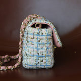 Chanel Pink/Blue Tweed Mini Rectangle with Light Gold Hardware