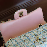 Chanel Pink/Blue Tweed Mini Rectangle with Light Gold Hardware