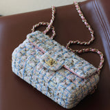 Chanel Pink/Blue Tweed Mini Rectangle with Light Gold Hardware