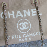 Chanel Beige Canvas Deauville Bowling Bag with Silver Hardware