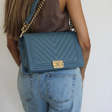 Chanel 18S Blue Caviar New Medium Boy with Light Gold Hardware