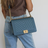 Chanel 18S Blue Caviar New Medium Boy with Light Gold Hardware