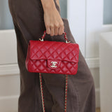 Chanel Red Lambskin Mini Top Handle with Light Gold Hardware