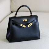 Vintage Hermès Black Box Calf Kelly 28 Gold Hardware